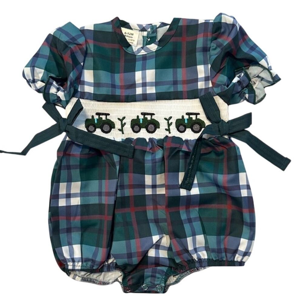 Baby Girl 6-12 Month Green Plaid Lightweight Tractor Short Sleeve One-Piece